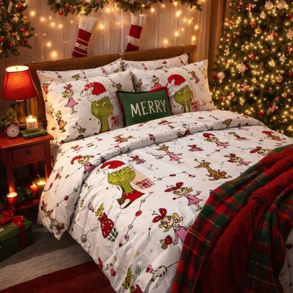 Dr Seuss Grinch Full Sheet Set Whoville Christmas Cotton Bedding NWT